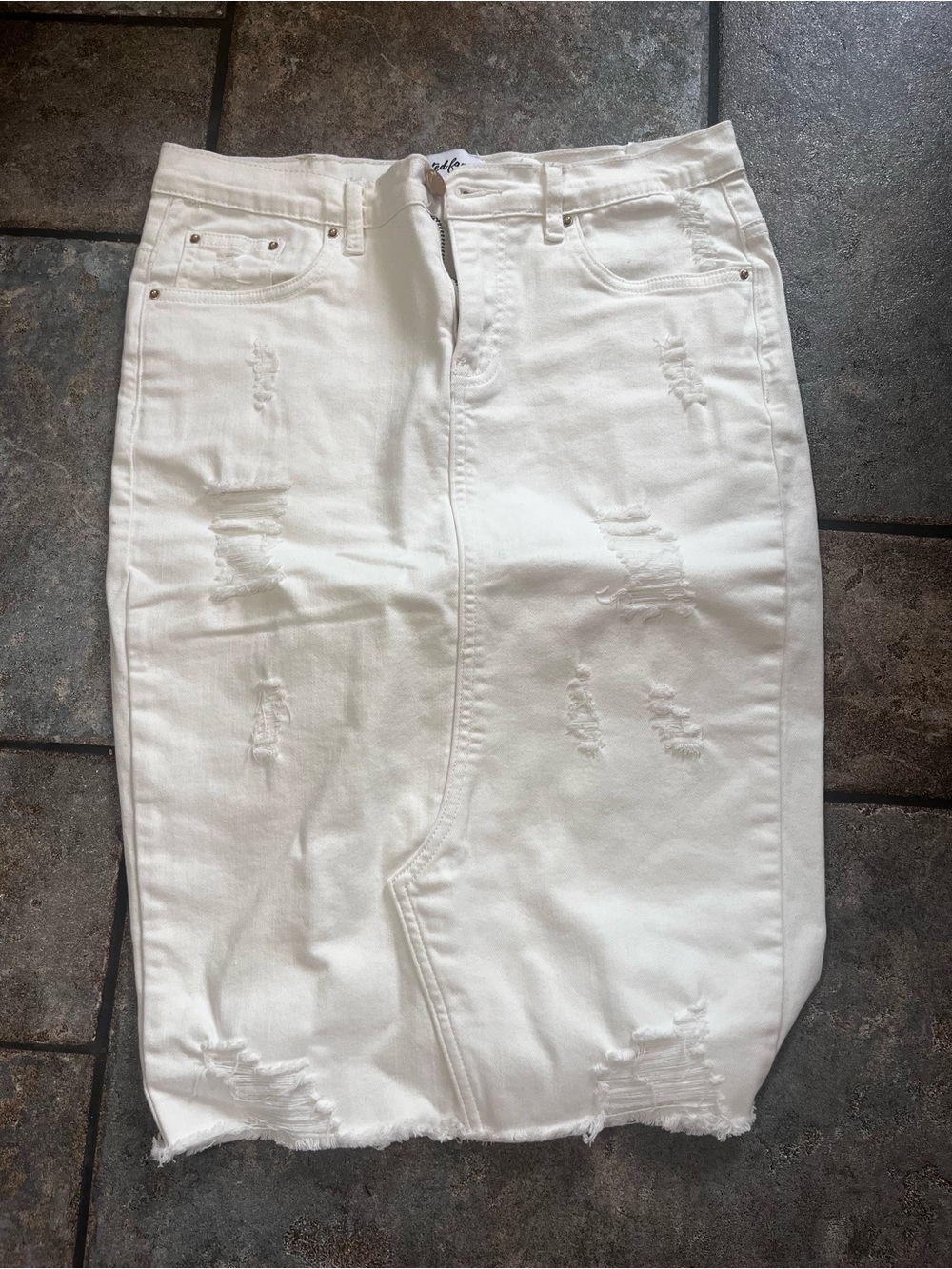 White Distressed Midi Denim Skirt - Unbranded